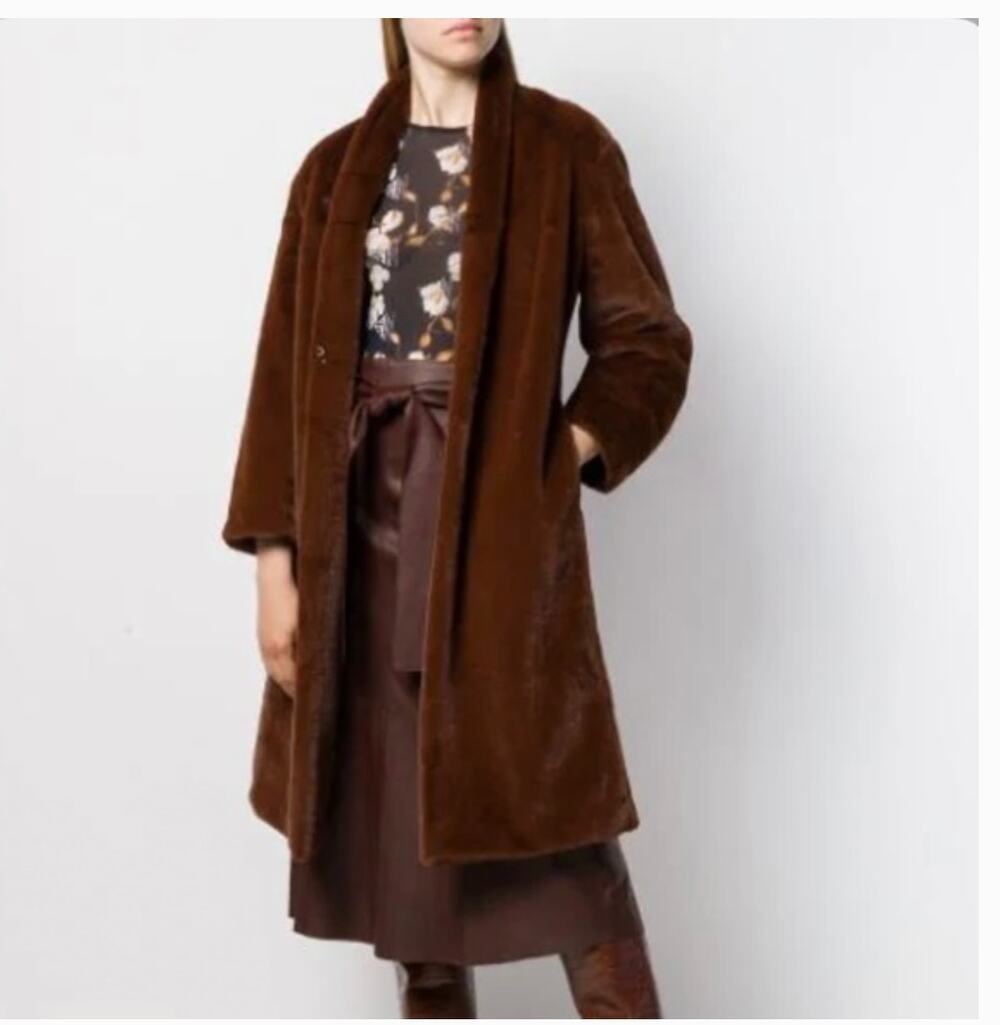 Vince Faux Fur Belted Coat XXS Mahogany Brown Glam Western Old Money Academia